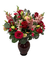 pink valentines roses alstro red vase